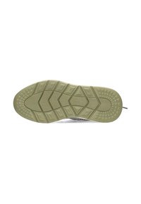 Suola in gomma con una presa testurizzata, caratterizzata da un motivo a zigzag e dettagli esagonali. Colore: prevalentemente verde chiaro con accenti scuri.