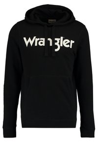 Felpa nera con cappuccio realizzata in misto cotone, con il logo bianco "Wrangler" sul davanti, dotata di tasca a marsupio e cappuccio regolabile con cordino.