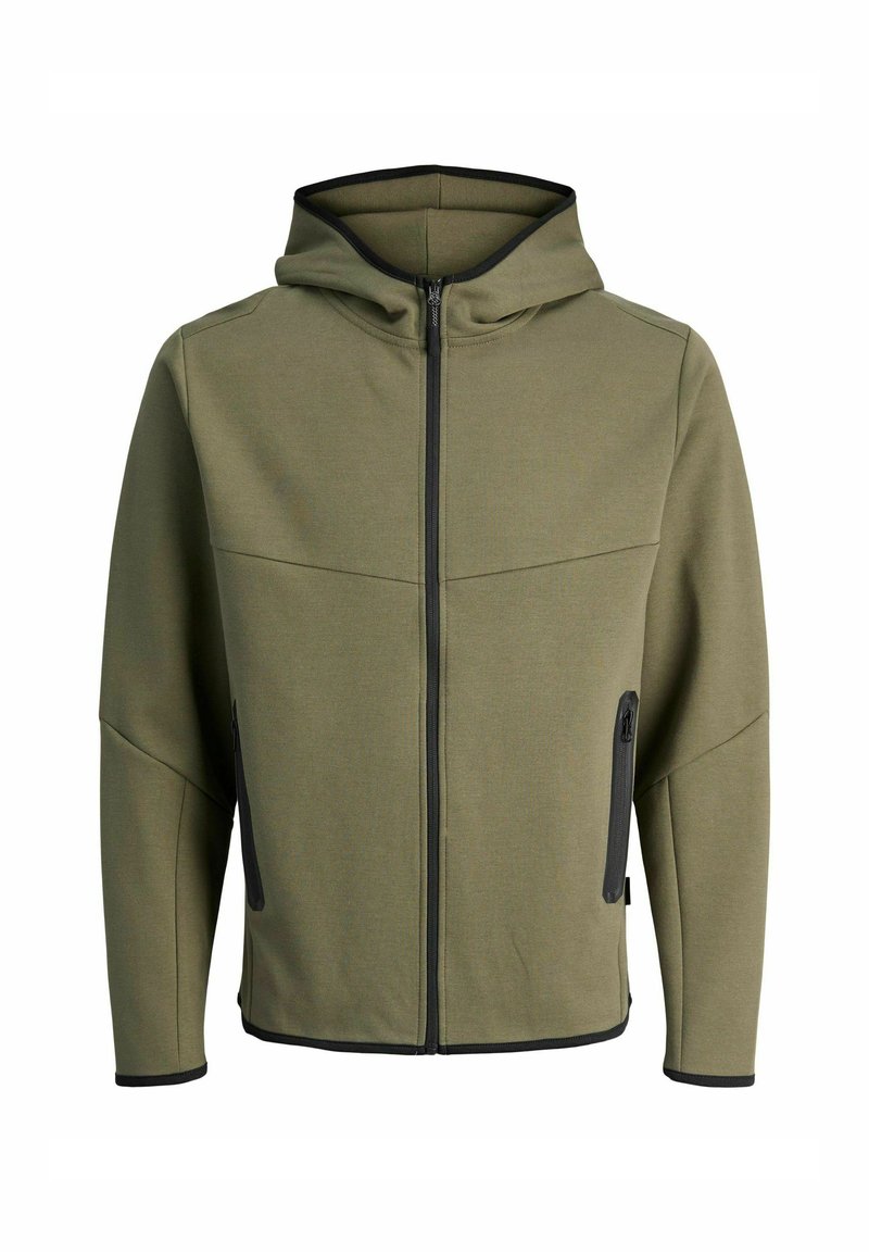 Veste à capuche en vert olive, avec des accents de zippers et de poches noirs, fabriquée à partir d'un tissu texturé avec une silhouette moderne et ajustée.