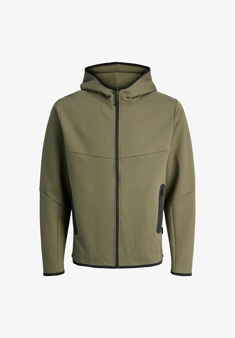 Veste à capuche en vert olive, avec des accents de zippers et de poches noirs, fabriquée à partir d'un tissu texturé avec une silhouette moderne et ajustée.