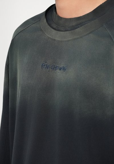 Mørkegrønn langermet genser med rund hals. Har brodert teksten "Feng Chen Wang" i blått, med et glatt, noe teksturert stoff.