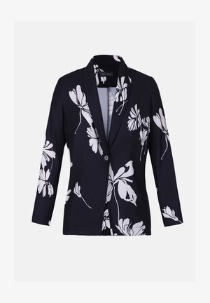 Navy blazer met witte bloemenprint, sluiting met één knoop, gelapte revers, lange mouwen en een gladde textuur.