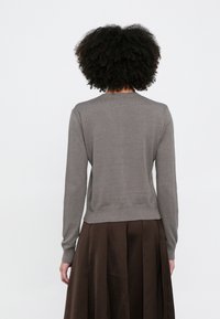 Barna kötött pulóver hosszú ujjakkal, bordázott nyakkivágással és szegéllyel, sima textúrával, barna, texturált szoknya fölött viselve. Hátsó nézet.