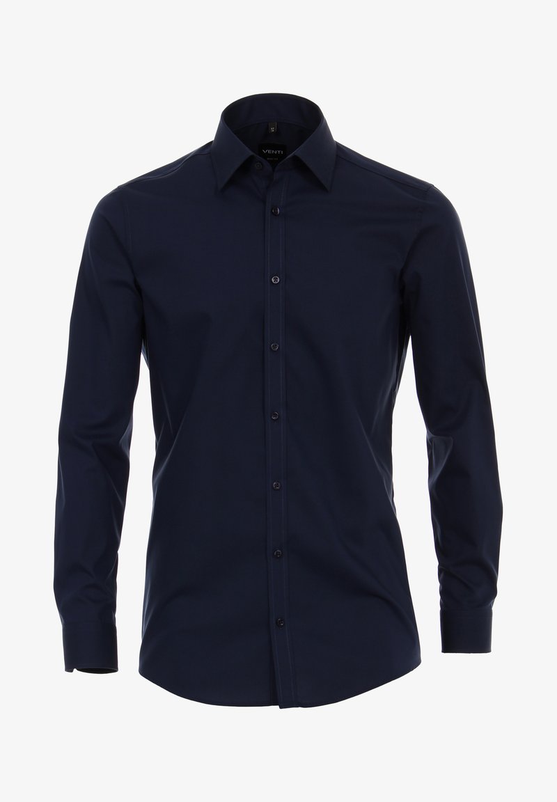 Marineblaue Langarm-Hemd mit Knöpfen aus glattem Stoff. Besitzt einen klassischen Kragen, eine Knopfleiste und eine taillierte Passform mit Manschetten.