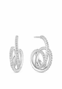 Silverfärgade hoopsörhängen med spiraldesign, utsmyckade med små klara stenar, med en polerad yta och säkert stiftfäste.