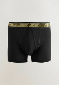 Schwarze Baumwoll-Boxershorts mit einem elastischen Bund im goldenen griechischen Schlüssel-Muster. Verfügt über einen Frontverschluss und eine glatte Textur.