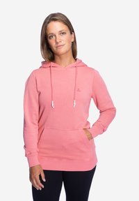 Rosa Kapuzenpullover aus einer Baumwollmischung mit einer Vorderentasche, gerippten Bündchen und kontrastierenden Kordeln. Einfaches Logo auf der Brust.