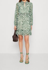 Grön- och vitrandig zebra-klänning med långärmar, nyckelhålsringning och volangnederdel. Matchas med gröna sandaler med remmar och en brun väska.