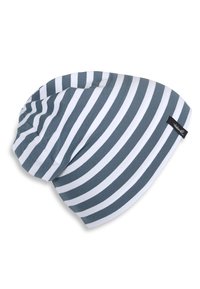 Berretto a righe in grigio e bianco, realizzato in morbido cotone. Presenta un design slouchy e un piccolo accento con etichetta.
