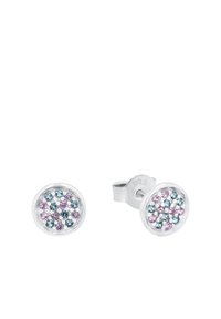 Silberne Steckerohrringe mit rundem Design und mehrfarbigen Kristallen in Pink, Blau und Aqua, die in einer polierten Metallbasis eingesetzt sind.