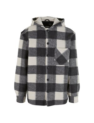 Geruite hoodie in zwart-wit; heeft knopen, een borstzak en lange mouwen; gemaakt van zachte, gestructureerde stof.