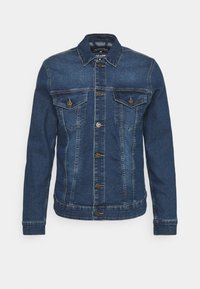 Dunkelblaue Jeansjacke mit klassischem Design. Ausgestattet mit goldfarbenen Beschlägen, Knopfverschluss, zwei Brusttaschen und einem strukturierten Kragen.