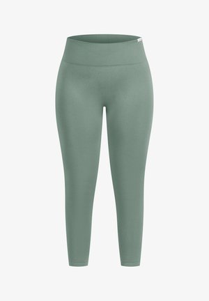 Groene rekbare leggings met een brede, geribbelde tailleband. Glad texture, enkel-lange ontwerp, geen zichtbare patronen of versieringen.