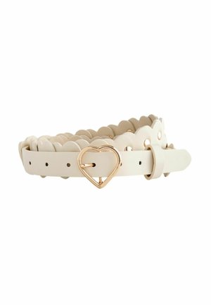 Cream-colored leather belt with scalloped edges and a gold heart-shaped buckle, shown coiled on a white background.