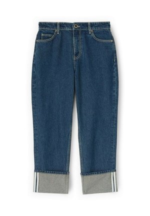 Jean en denim bleu avec ourlets repliés montrant l'intérieur gris et des rayures blanches, doté de poches avant et d'une fermeture à boutons.
