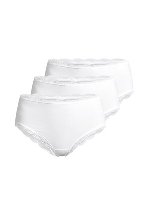 Drei weiße, gerippte Damen-Slips aus Baumwolle mit Spitzenbesatz am Taillenbund und an den Beinöffnungen, gestapelt in versetzter Anordnung.