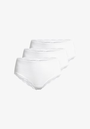 Trois culottes blanches en coton côtelé pour femmes avec bordure en dentelle à la taille et aux ouvertures des jambes, empilées de manière décalée.
