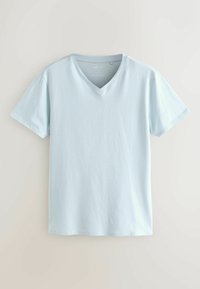 Tricou scurt cu mânecă scurtă, de culoare albastru deschis, cu decolteu în V și material neted. Design simplu, fără motive sau accente, potrivit pentru purtarea casual.
