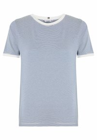 Camiseta de manga corta a rayas en azul y blanco, con un cuello redondo y ribete de contraste. Textura de tela ligera y suave.