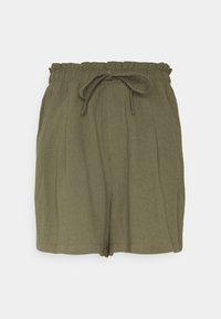 Olivově zelené šortky na stažení s elastickým pasem a nařaseným vrškem, obsahující boční kapsy a volný střih.