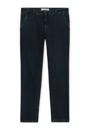 Mørkeblå slim-fit jeans med forlommer, bæltestropper, knaplukning og Trussardi-mærke på taljebåndet.