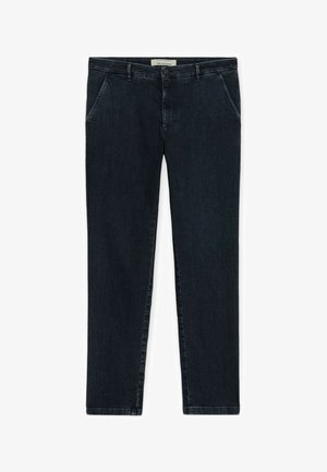 Granatowe obcisłe dżinsy z przednimi kieszeniami, szlufkami na pasek, zapięciem na guziki oraz metką Trussardi na pasku talii.