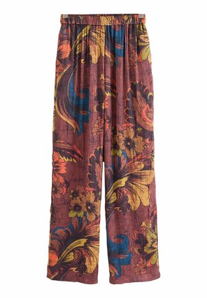 Weite Hosen aus strukturiertem Stoff mit einem floralen Muster in Rot, Gelb, Blau und Grün, mit einem elastischen Bund.