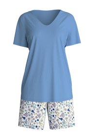 Blaues Baumwoll-T-Shirt mit kurzen Ärmeln und V-Ausschnitt, kombiniert mit weißen Shorts mit floralem Muster in Blau, Gelb und Lila.