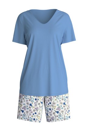 Blue cotton t-shirt with short sleeves and a V-neck, paired with white shorts featuring a floral print in blue, yellow, and purple.