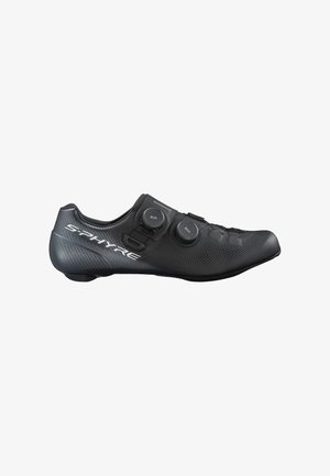 Scarpa da ciclismo nera Shimano S-Phyre con due chiusure a ghiere BOA e tomaia sintetica traforata per la ventilazione.