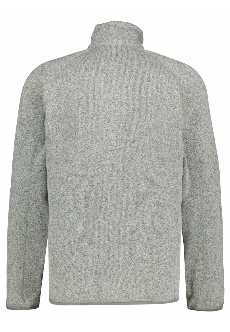 Gray pullover made from textured knit fabric, featuring a high collar and long sleeves with a contrasting hem. Rear view.