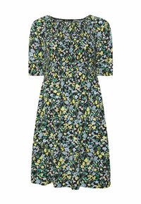 Blumenkleid mit schwarzem Hintergrund, versehen mit gelben, blauen und pinken Blumen. Kurze Ärmel und gerafftes Halsdetail.