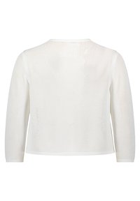 Weißer, langärmeliger Mesh-Pullover mit Rundhalsausschnitt, offener Strickstruktur und einfarbigen Bündchen. Die Rückansicht zeigt das leichte Design.