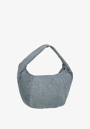 Denim Schultertasche mit gebogener Form, grauem Stoff und Reißverschluss oben. Verfügt über einen weichen, faltbaren Griff für einen bequemen Tragekomfort.