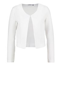 Cardigan en tissu blanc côtelé avec manches longues et devant ouvert. Présente un col arrondi et une silhouette ajustée. Sans fermetures.