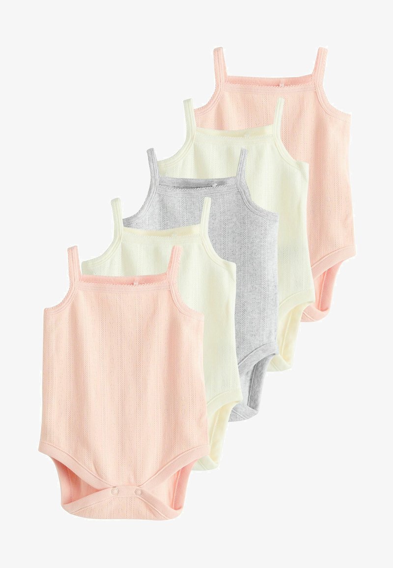 Pet bodysuitov za dojenčke s tankimi naramnicami v pastelno rožnati, rumeni, sivi in beli barvi, z ribasto teksturo in zapiranjem na gumb na dnu.
