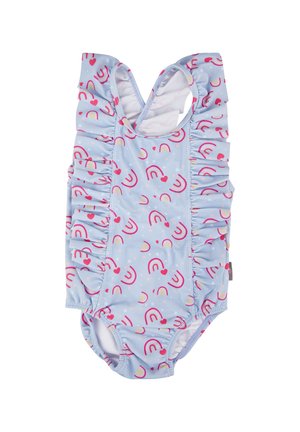 Light blue toddler swimsuit with pink and yellow rainbow and heart patterns, featuring ruffled sides and crossed shoulder straps.