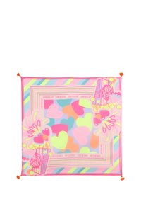 Écharpe colorée avec un fond rose, ornée de cœurs, de pop-corn et de textes ludiques dans diverses couleurs vives. Bords cousus et glands oranges.