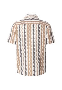Chemise à manches courtes avec motif en zigzag beige, marron et noir. Matière en coton avec col et détail de yoke au dos.
