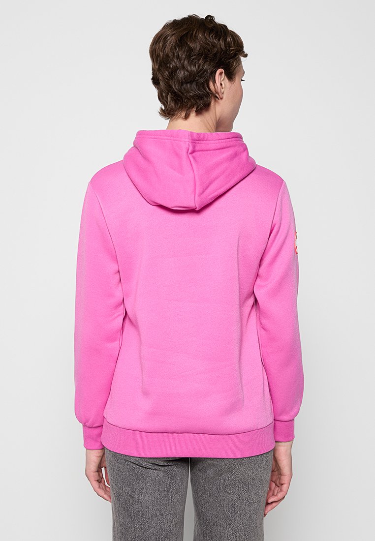 Rosa Kapuzenpullover mit Kordelzug, weicher Textur, gerippten Bündchen und Saum. Verfügt über ein Logo-Patch am linken Ärmel, das einen sportlichen Stil präsentiert.