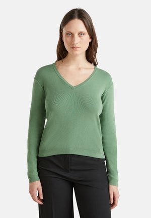 Groene V-hals trui gemaakt van een lichte gebreide stof met geribbelde manchetten en zoom. Draagt met zwarte, op maat gemaakte broek.