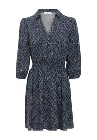 Robe bleu marine avec un motif floral bleu clair et blanc, col en V, taille élastique et manches bouffantes trois-quarts.
