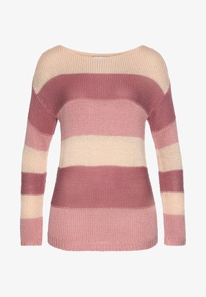 Strickpullover mit langen Ärmeln, der horizontale Streifen in verschiedenen Rosatönen, Mauve und Creme zeigt. Rippkragen und -bündchen.