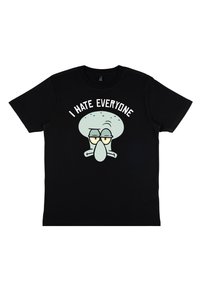 Sort bomulds t-shirt med en tegneserie blækspruttekarakter, der har et neutralt udtryk, og teksten "JEG HADER ALLE" ovenfor.