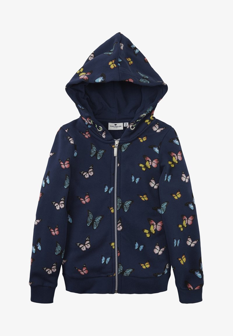 Sweat à capuche zippé bleu marine avec imprimé papillon multicolore, avec capuche et poignets et taille côtelés.