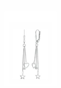 Silverörhängen med kedjor som har ett hänge i form av ett hjärta och en stjärna, med en slät yta och lås med hängande klämma. Varje kedja har en liten boll som dekoration.