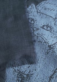 Écharpe bleue présentant un motif texturé du visage d'un chat, avec des bords frangés. Le tissu semble léger et légèrement transparent.