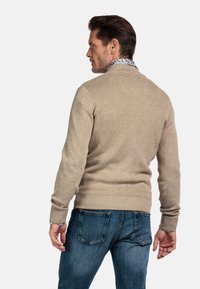 Beige gebreide trui met geribde manchetten en zoom, gedragen over een gestreept overhemd met kraag, in combinatie met blauwe spijkerbroeken. Persoon van achteren afgebeeld.