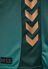 Mörk teal atletisk tröja med en vertikal rand med guldiga chevronmönster och en etikett märkt "hummel" längst ner till vänster.