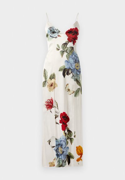 Cvečka obleka iz kremaste satenske tkanine, okrašena z rdečimi, modrimi in rumenimi vrtnicami. Z naramnicami v stilu spaghetti in A-linijo ter podrobnimi botaničnimi vzorci.